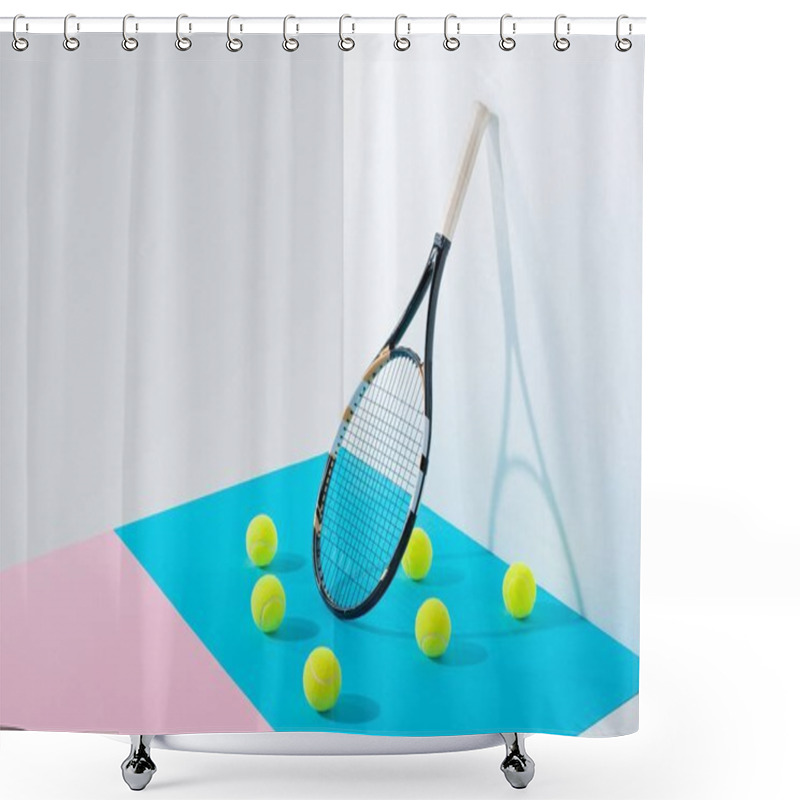 Personality  Yellow Tennis Balls On Blue And Pink Papers And Tennis Racket At White Wall Shower Curtains