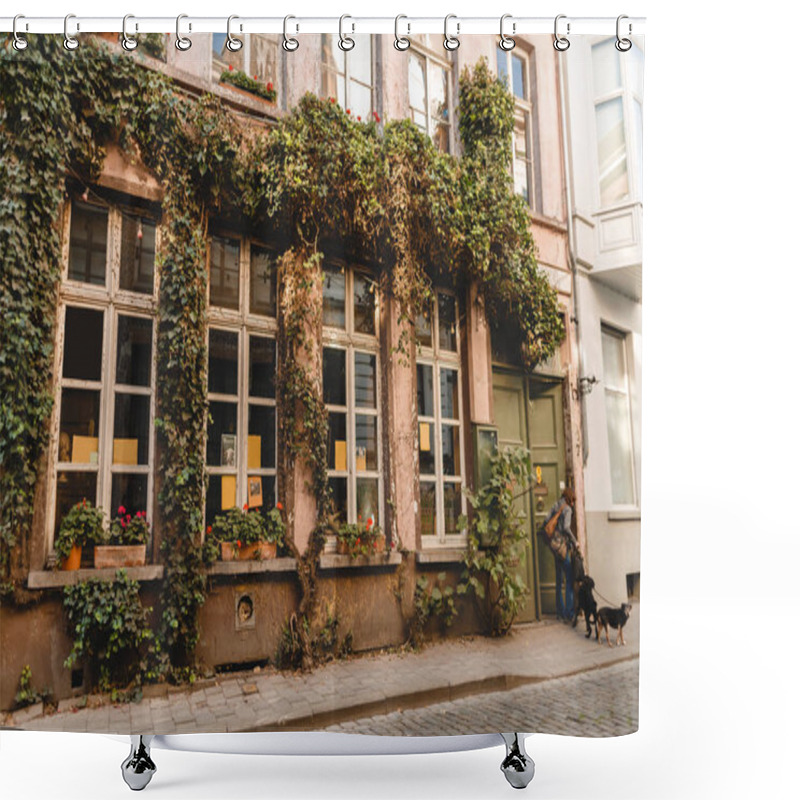 Personality  GHENT, BELGIUM - NOVEMBER 02, 2016: Unidentified Woman With Dogs Near Old Traditional Building In Ghent, Belgium Shower Curtains