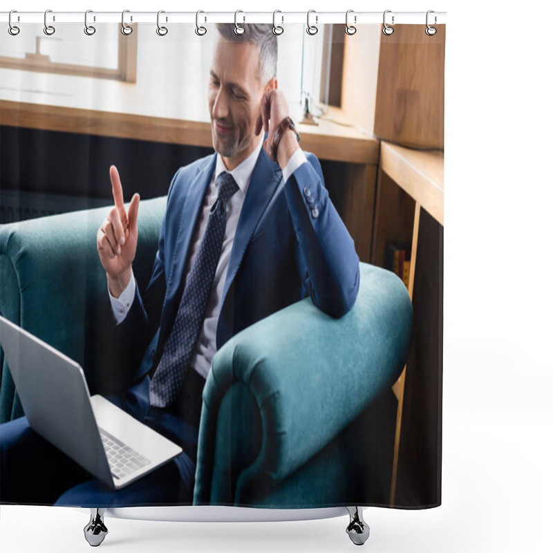 Personality  Smiling Businessman In Suit Using Laptop And Showing Idea Sign  Shower Curtains