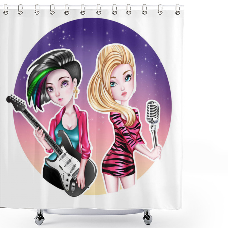 Personality  Hand Drawn Illustration - Popstars - Cartoon Character Girls - Guitairs And Singer Shower Curtains