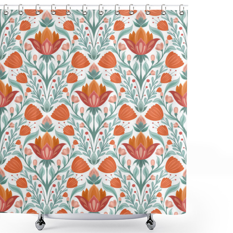 Personality  Vector Folk Art Pattern With Floral Rhombus Composition On White Background. Botanical Texture With Decorative Flowers In Tile. Backdrop With Symmetrical Plants Shower Curtains