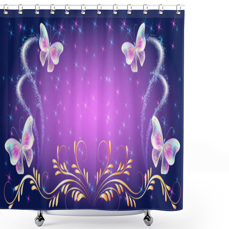 Personality  Transparent Neon Butterflies With Golden Ornament And Glowing Sp Shower Curtains