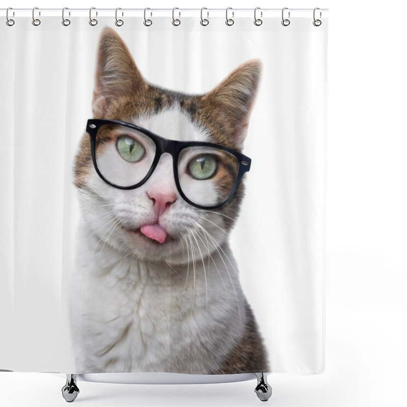 Personality  Funny Tabby Cat In Nerd Glasses Put Out His Tongue. Isolated On White Background. Shower Curtains