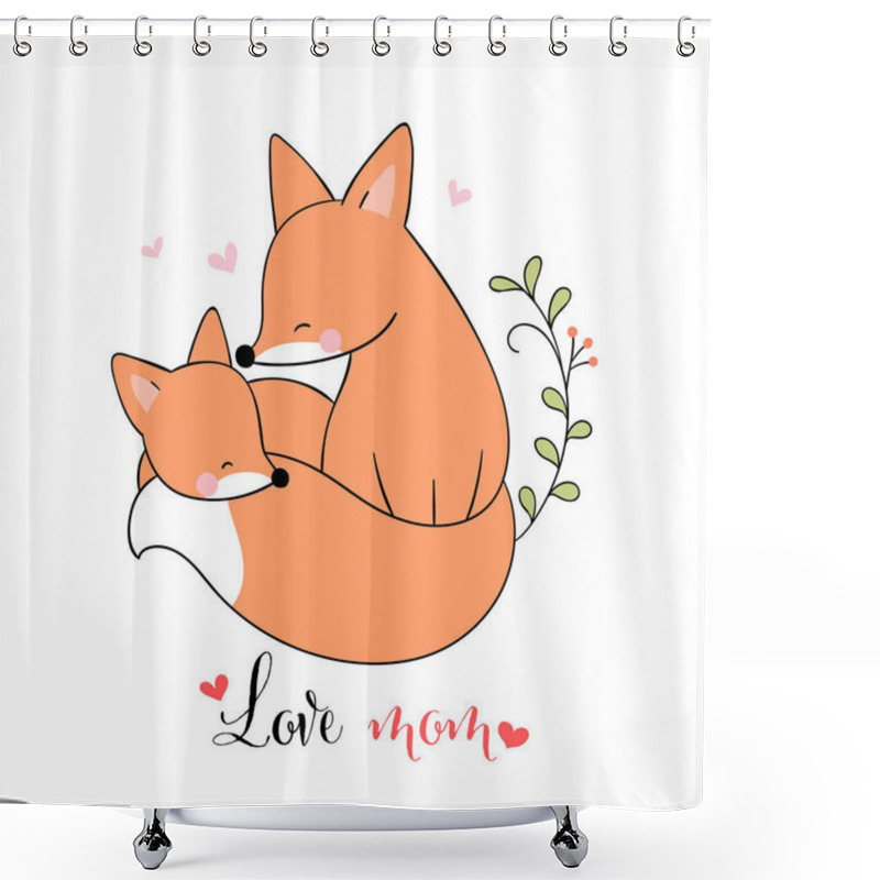 Personality  Draw Vector Mom Fox And Baby With Little Hearts Isolated On White Background Shower Curtains