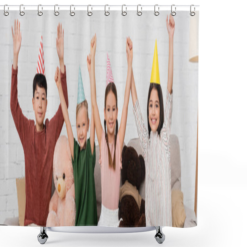 Personality  Cheerful Interracial Kids In Party Caps Looking At Camera During Birthday Party At Home, Banner  Shower Curtains