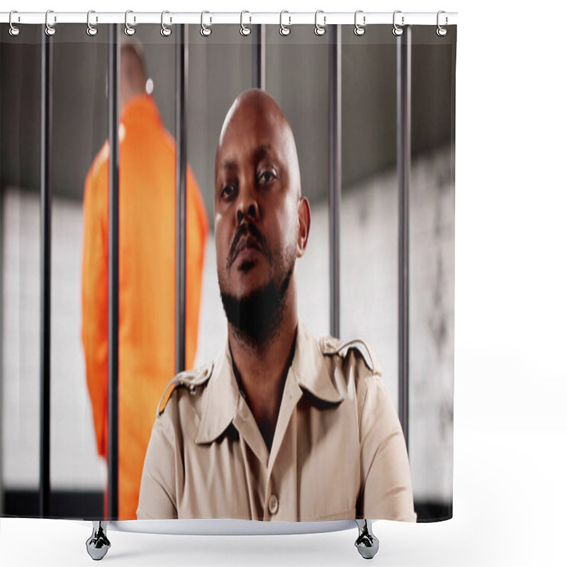 Personality  Man In Uniform Watches Over Inmates At Detention Facility Prison. Shower Curtains