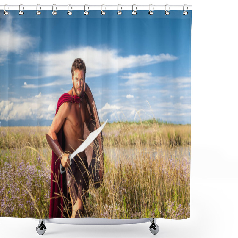 Personality  Fighting Ancient Warrior In Landscape Background Shower Curtains