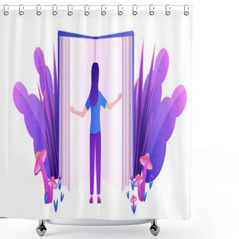 Personality  Cartoon Tiny Woman Reading An Open Fantasy Huge Fantasy Book Isolated Vector Illustration Shower Curtains