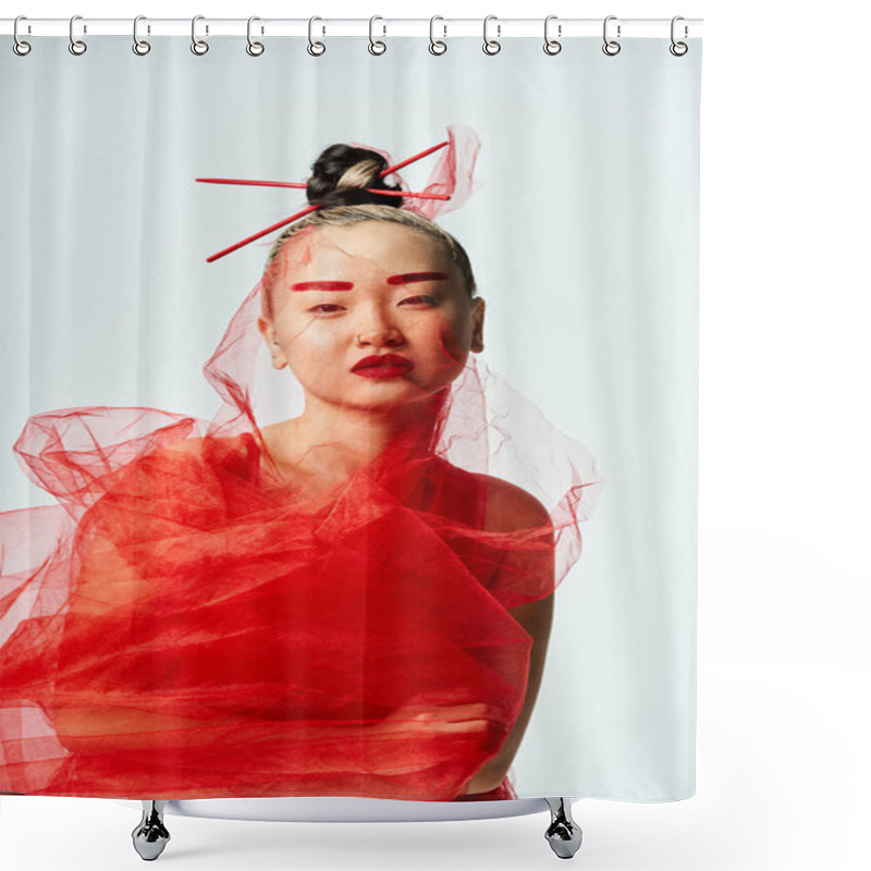 Personality  Vibrant Asian Woman Poses In A Red Dress With A Veil On Her Head. Shower Curtains