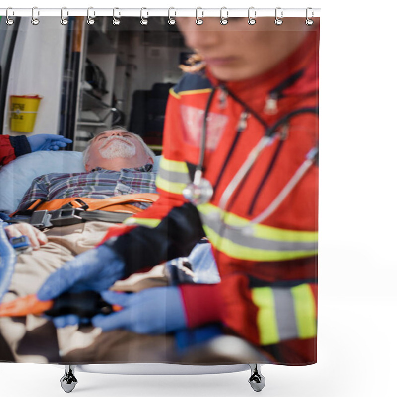 Personality  Selective Focus Of Senior Man Lying On Stretcher Near Paramedics And Ambulance Car  Shower Curtains