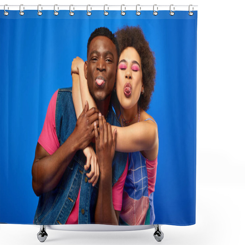 Personality  Positive Young African American Best Friends In Stylish Bright Summer Outfits Sticking Out Tongues And Having Fun While Standing Together Isolated On Blue, Best Friends In Matching Outfits Shower Curtains