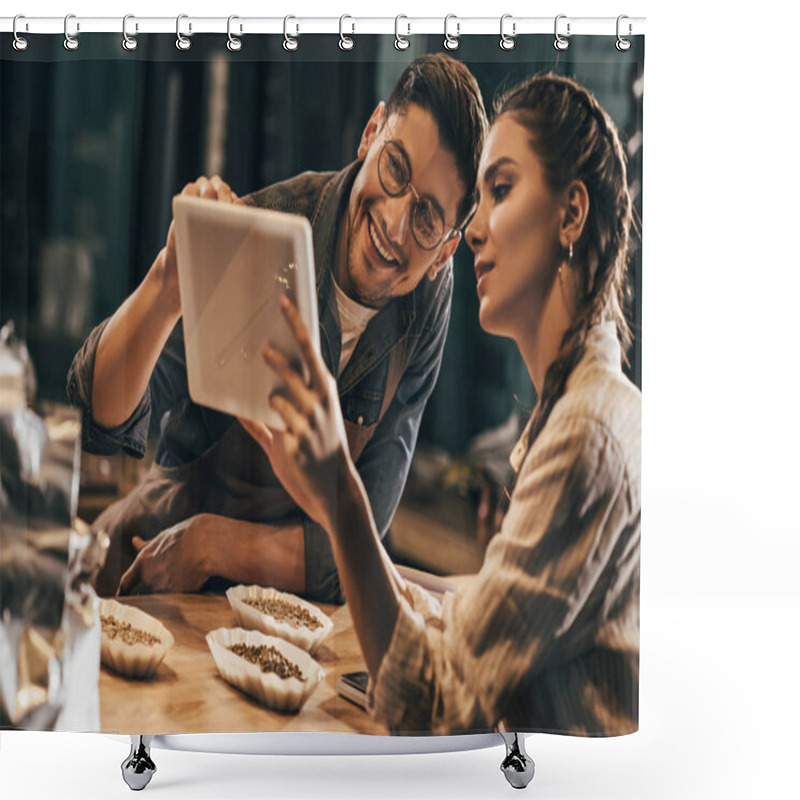 Personality  Portrait Of Young Colleagues Using Tablet Together In Coffee Shop Shower Curtains