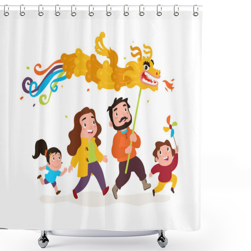 Personality  The Family Goes With The Dragon. Vector. Funny Characters Dad, Mom And Kids Go To Celebrate Chinese New Year. Logo For A Toy Store. Sticker, Icon For The Project. Shower Curtains