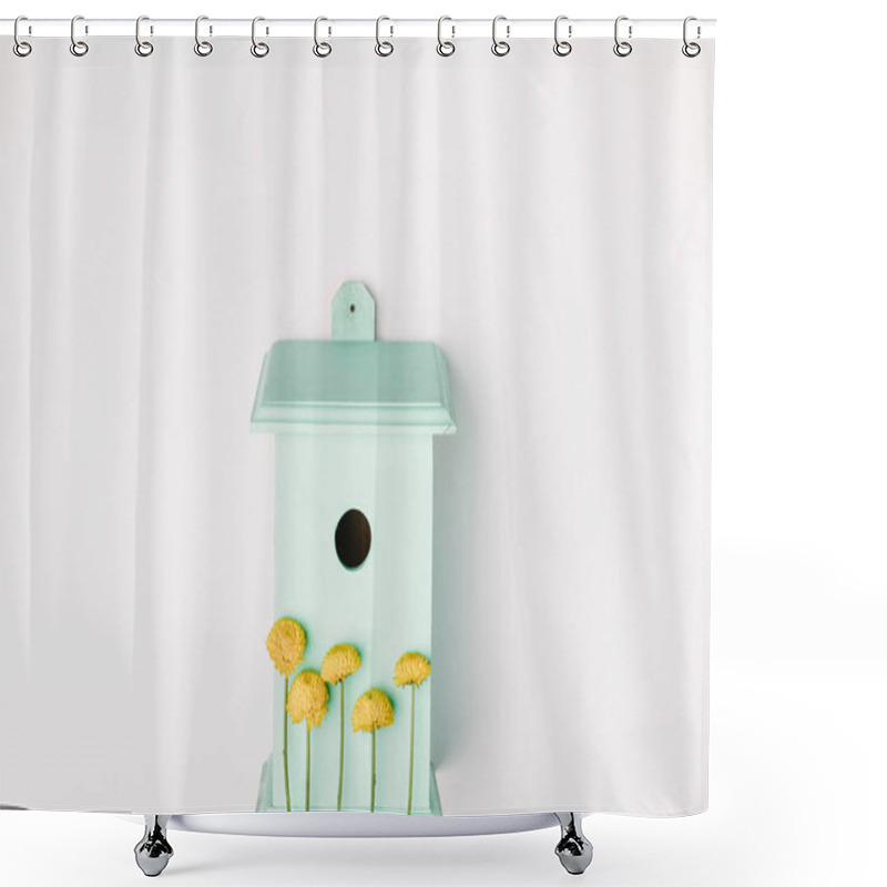 Personality  Top View Of Blue Birdhouse With Yellow Chrysanthemum Flowers Isolated On White Shower Curtains