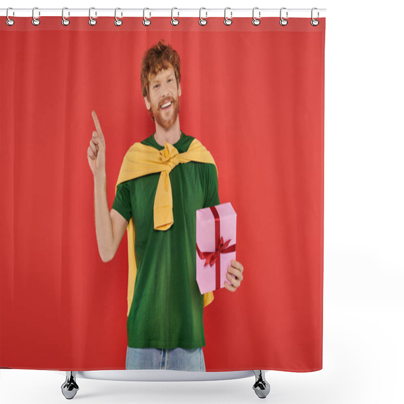 Personality  Celebration, Happy Redhead Man With Beard Posing In Casual Attire On Coral Background, Holding Gift Box, Festive Occasions, Present, Fashion And Trend, Happiness, Holiday, Pointing With Finger Shower Curtains