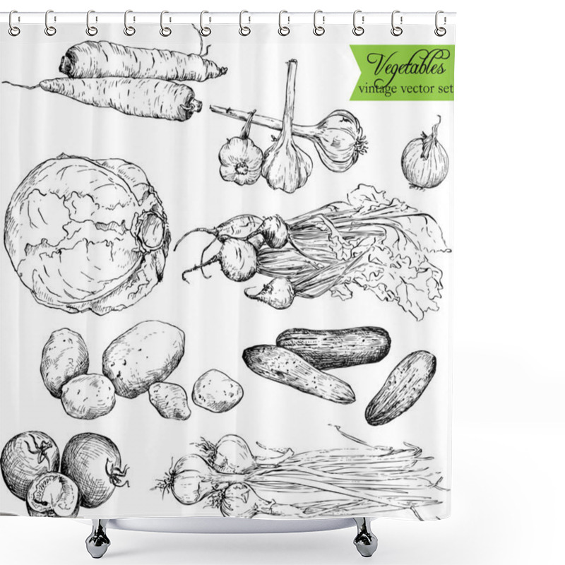 Personality  Set Of  Ink Drawing Vegetables Shower Curtains