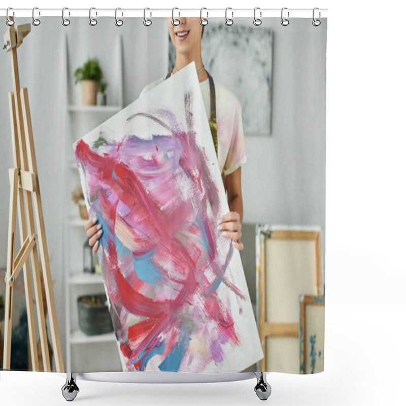 Personality  In A Cozy Home Setting, A Young Woman With Short Hair Showcases Her Vibrant Abstract Painting. Shower Curtains