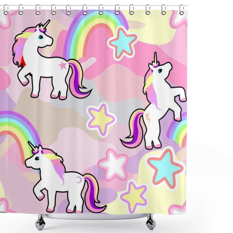 Personality  Seamless Pattern Of A Unicorn On A Pink Camouflage Background Shower Curtains