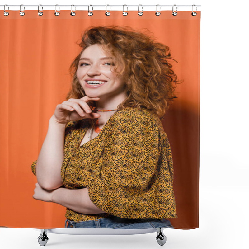 Personality  Happy Young Red Haired Woman In Necklaces, Yellow Blouse With Abstract Pattern Looking At Camera And Posing On Orange Background, Stylish Casual Outfit And Summer Vibes Concept, Youth Culture Shower Curtains