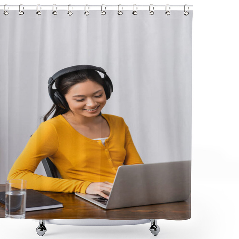 Personality  Brunette Asian Freelancer In Wireless Headphones Typing On Laptop At Home Shower Curtains