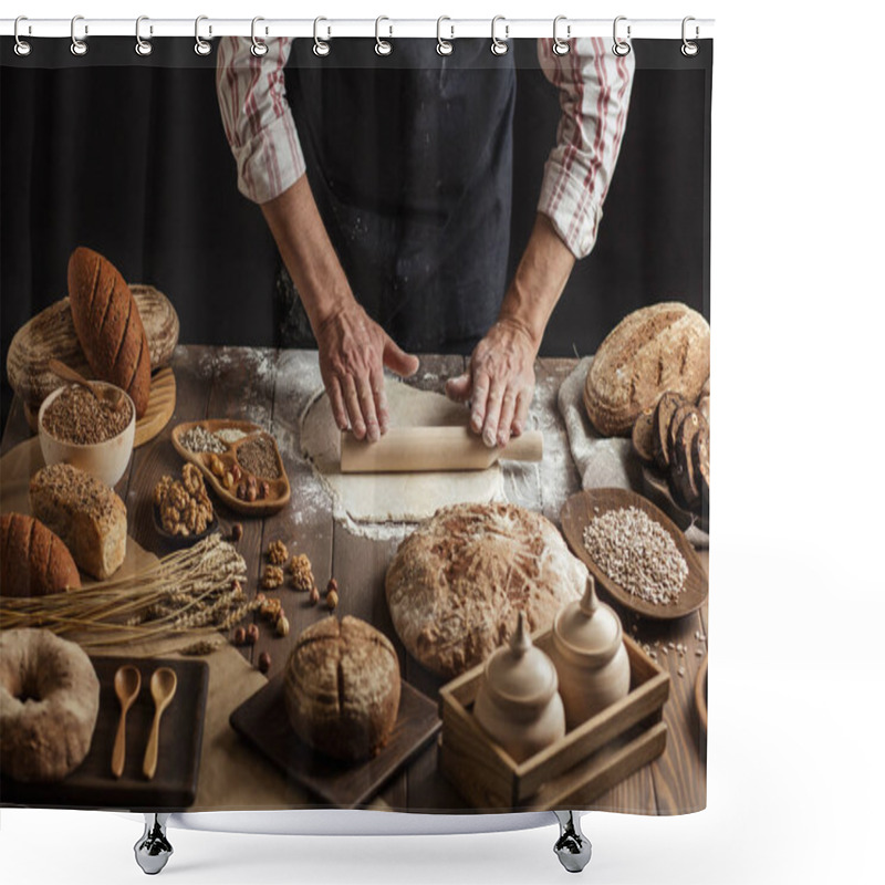 Personality  Man Rolling Out Dough On Kitchen Table, Close Up Shower Curtains