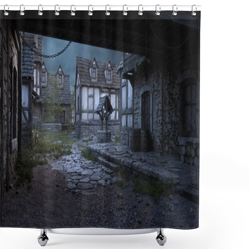 Personality  View Along A Cobbled Street Under Medieval Buildings In A Fantasy Village. 3D Illustration. Shower Curtains