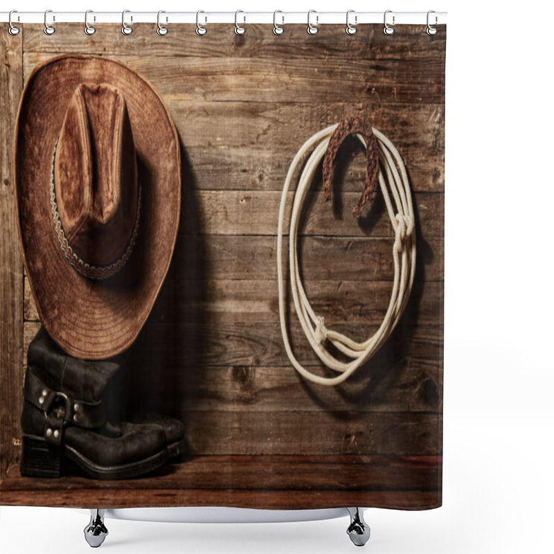 Personality  Very Rusty Old Horseshoe Symbol Of Good Luck And Lasso Hanging On A Wooden Wall Cowboy Hat And Boots Shower Curtains