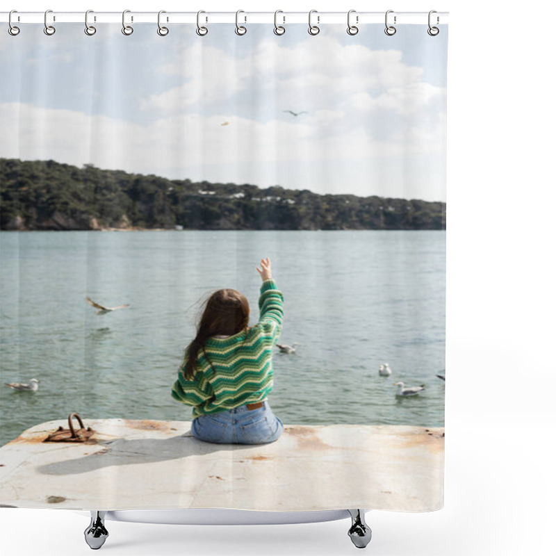 Personality  Back View Of Young Woman Sitting On Pier Near Blurred Seagulls On Water In Turkey  Shower Curtains