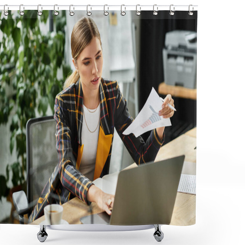 Personality  Attractive Young Woman Focuses On Her Laptop While Reviewing Documents In A Contemporary Workspace. Shower Curtains