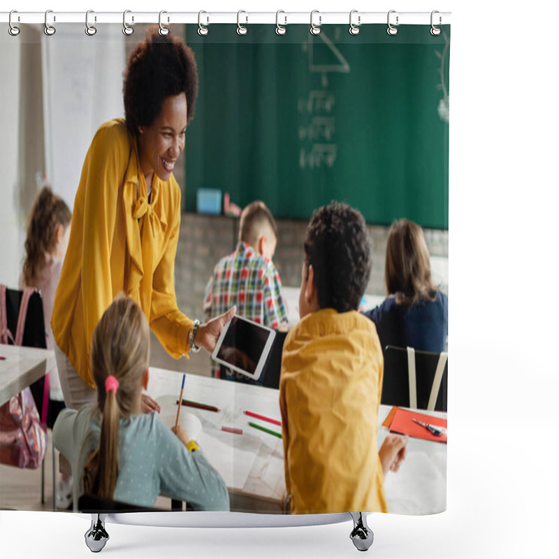 Personality  Happy African American Teacher And School Kids Using Touchpad On A Class At The School.  Shower Curtains