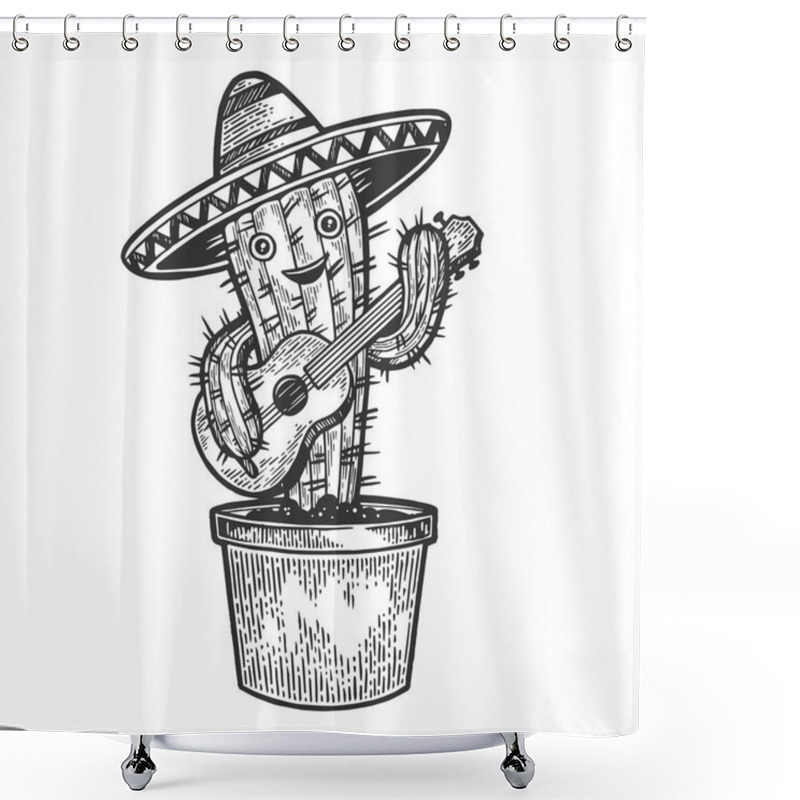 Personality  Cartoon Mexican Cactus Character With Guitar And Sombrero Engraving Sketch Vector Illustration. Scratch Board Style Imitation. Black And White Hand Drawn Image. Shower Curtains