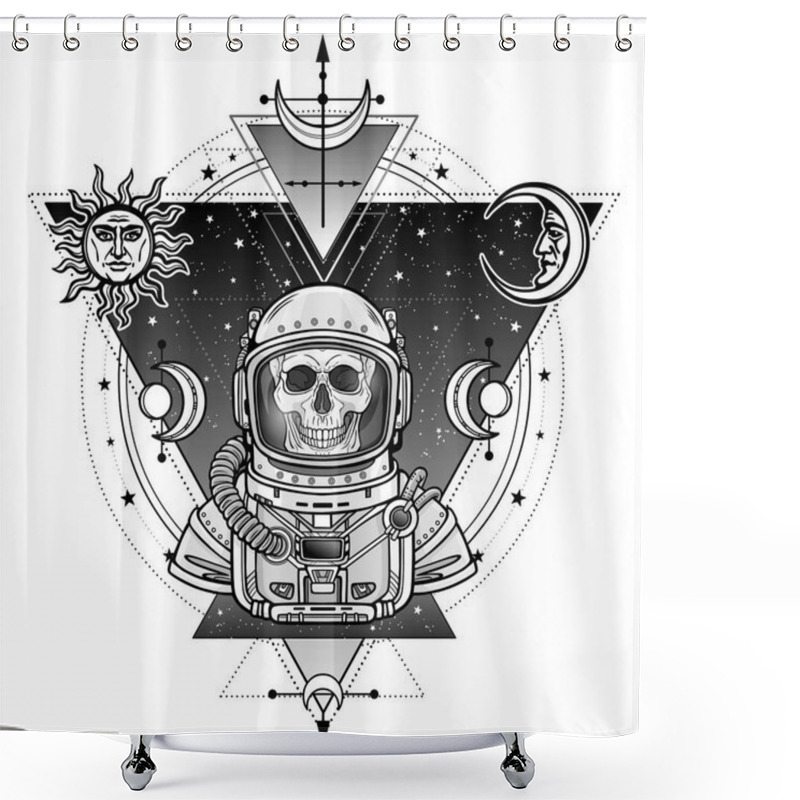 Personality  Animation Portrait Of The Astronaut Skeleton  In A Space Suit. Background - The Star Sky, Symbols Of The Moon And Sun. Sacred Geometry. Vector Illustration Isolated.  Print, Poster, T-shirt, Card. Shower Curtains