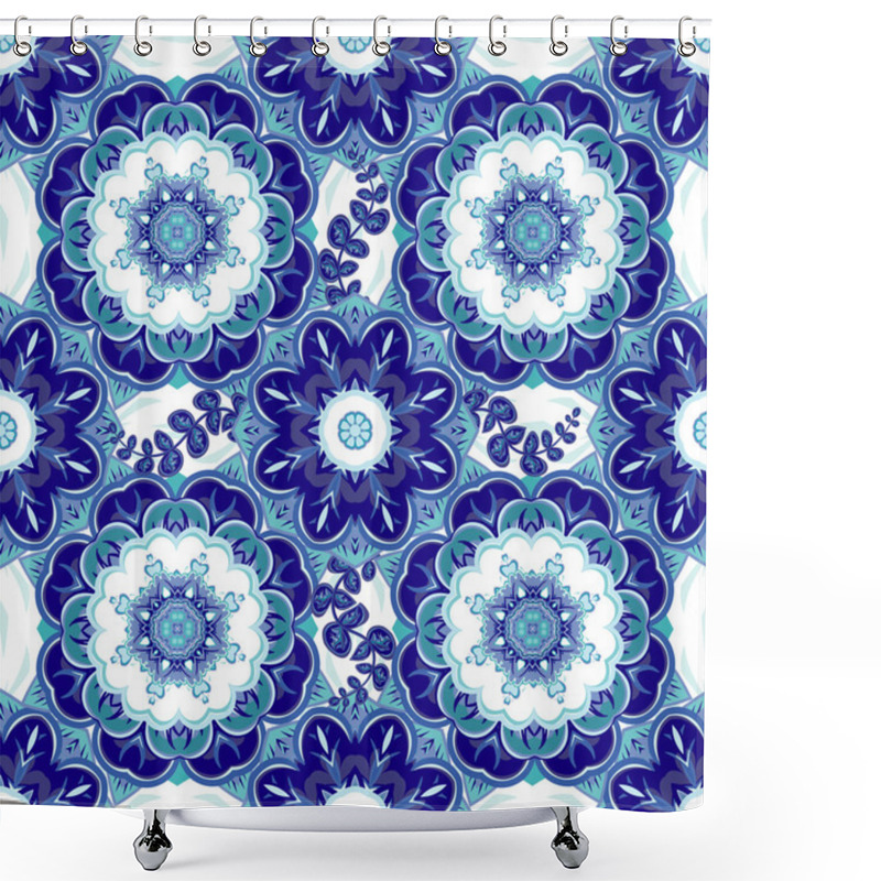 Personality  Oriental Traditional Ornament, Mediterranean Seamless Pattern, Tile Design, Vector Illustration. Vector Bright Blue Pattern.  Shower Curtains