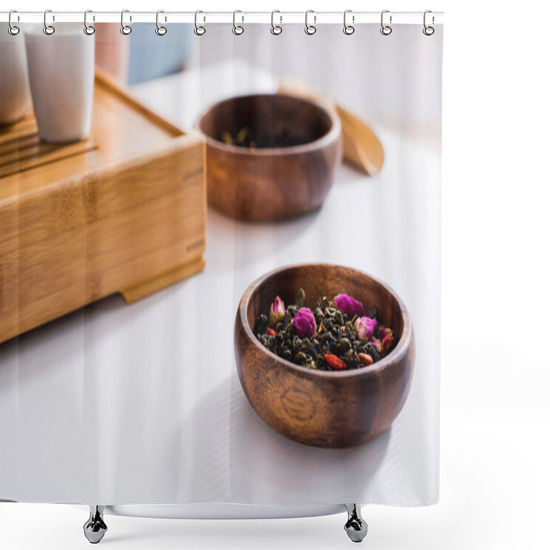 Personality  Close Up View Of Arranged Wooden Cutlery With Black Tea And Flowers For Tea Ceremony On White Tabletop Shower Curtains