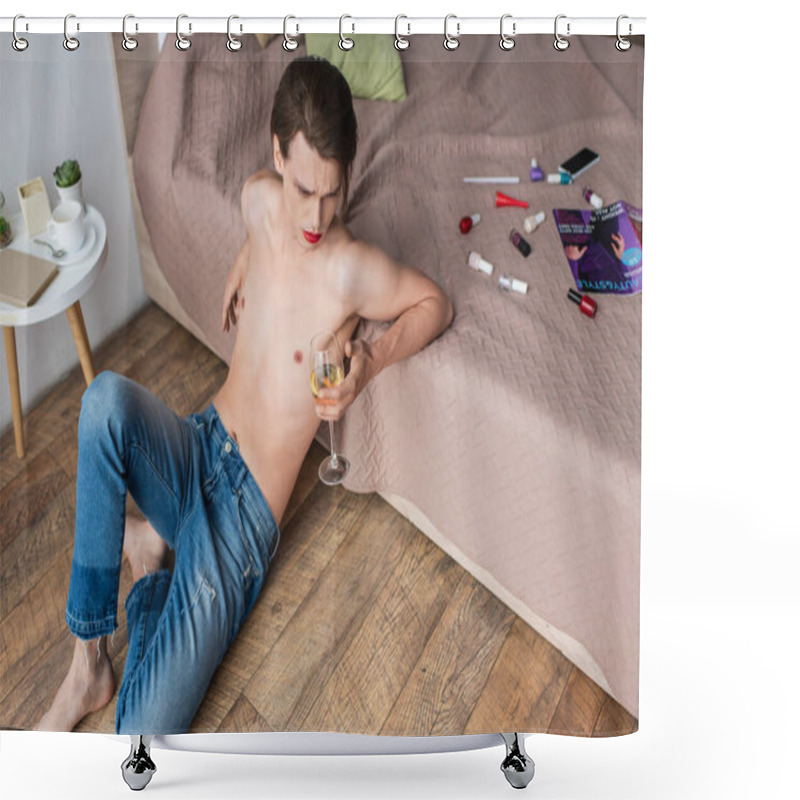 Personality  High Angle View Of Young Transgender Man Holding Glass Of Wine While Sitting Near Bed With Makeup Products  Shower Curtains