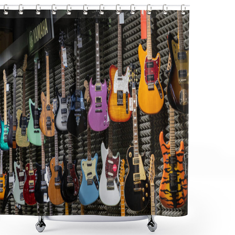 Personality  A Picture Of Many Different Guitar Models Being Sold In A Shop. Shower Curtains