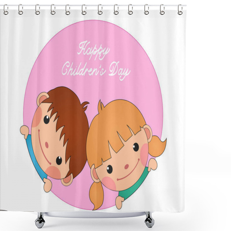 Personality  Illustration Of Smiling Boy And Girl Near Happy Childrens Day Lettering On Pink Shower Curtains