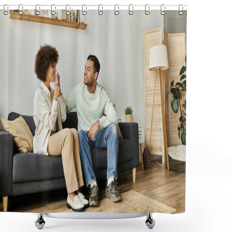 Personality  An Attractive African American Couple Sits On A Couch, Using Sign Language To Communicate. Shower Curtains