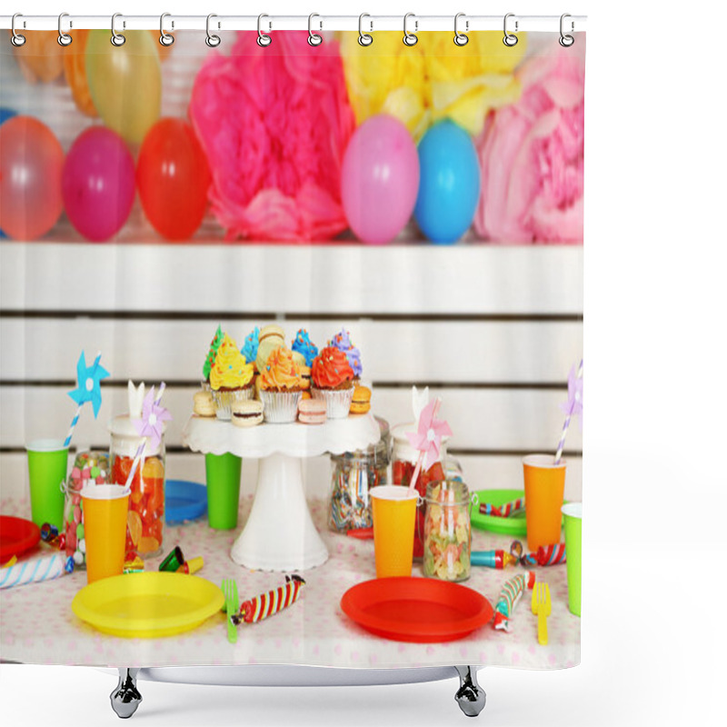 Personality  Prepared Birthday Table With Sweets For Children Party Shower Curtains