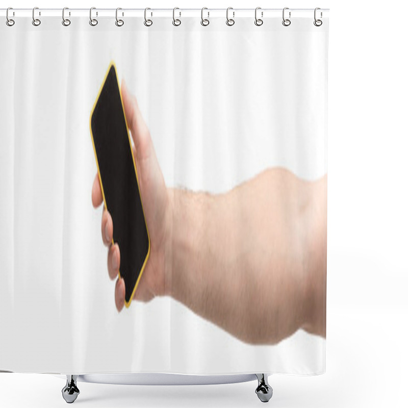 Personality  Panoramic Shot Of Man Holding Smartphone Isolated On White Shower Curtains