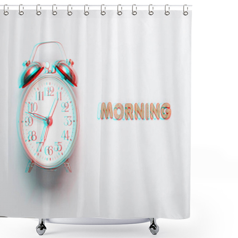 Personality  Retro Alarm Clock On Gray Background With Text Morning With Letters. Top View. Minimalistic Concept Glitch Effect Shower Curtains