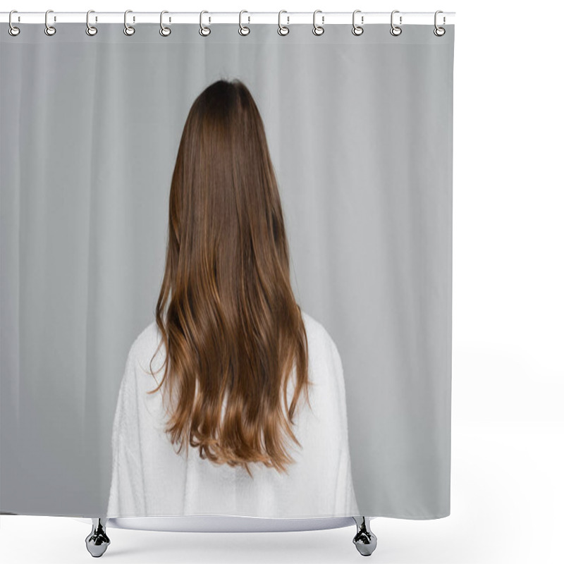 Personality  Back View Of Young Woman With Shiny And Healthy Hair Isolated On Grey Shower Curtains