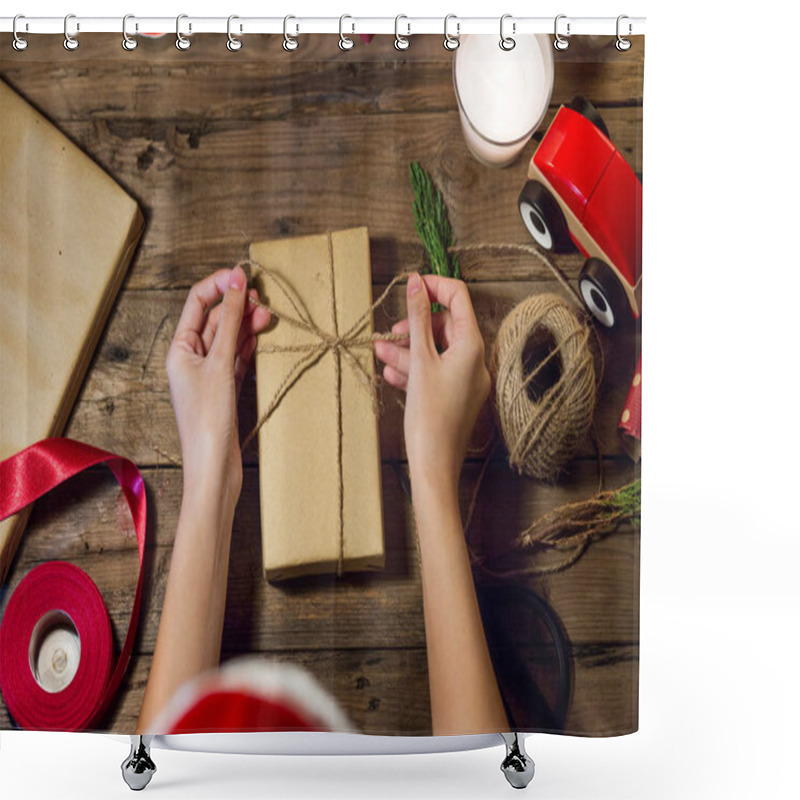 Personality  Overhead Shot Of Christmas Presents And Wrapping Papers Shower Curtains