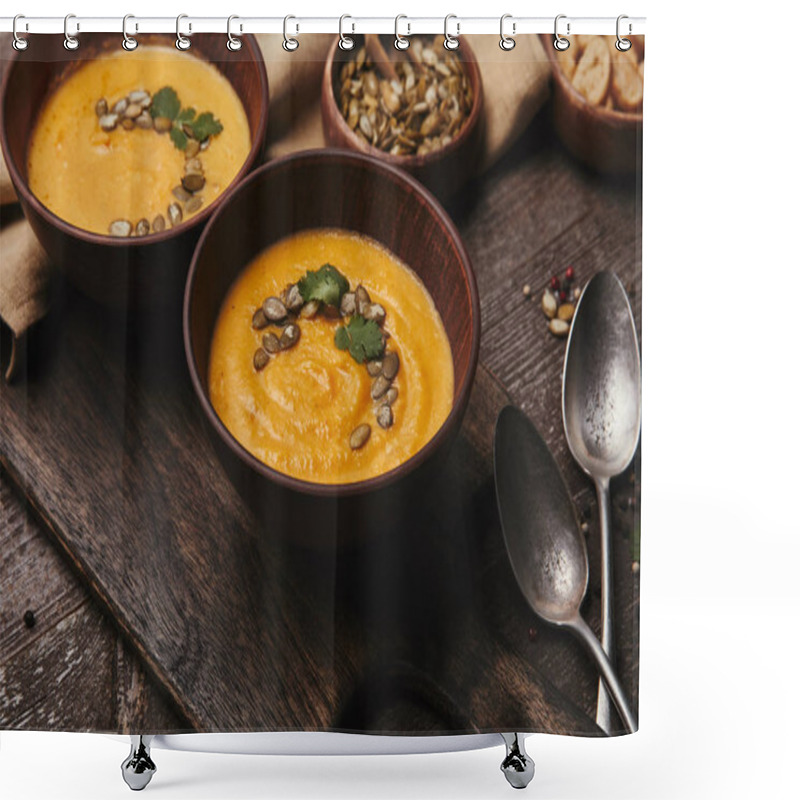 Personality  Close-up View Of Bowls With Organic Pumpkin Soup On Wooden Cutting Board Shower Curtains