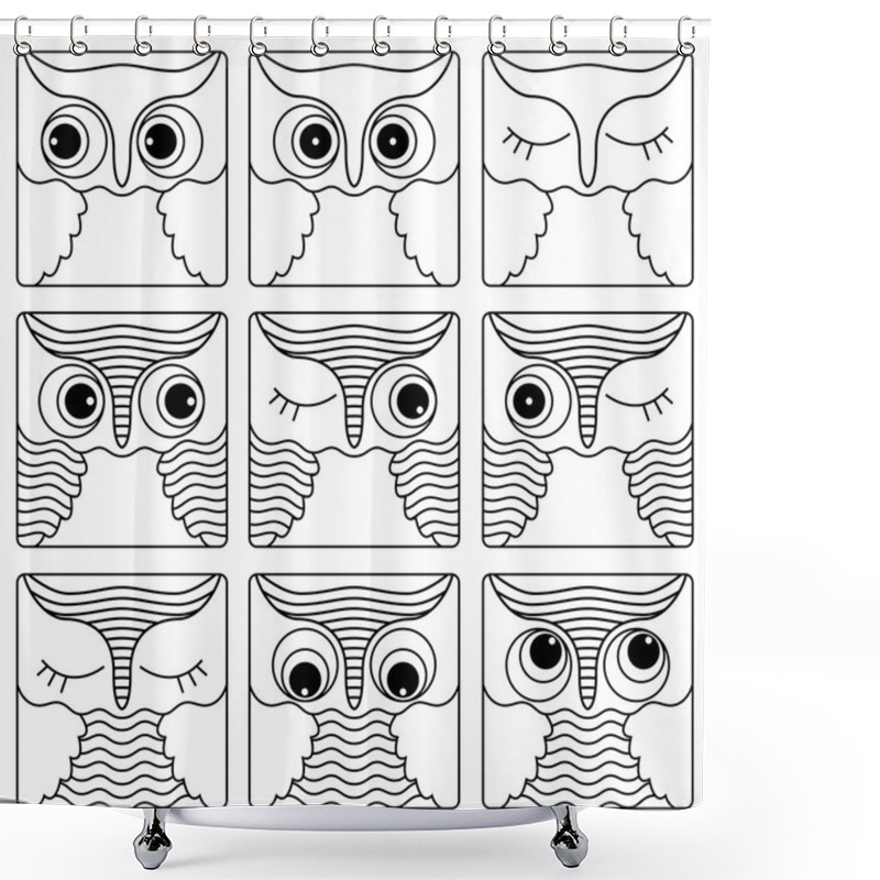 Personality  Nine Outlines Of Owl Faces In Square Shapes Shower Curtains