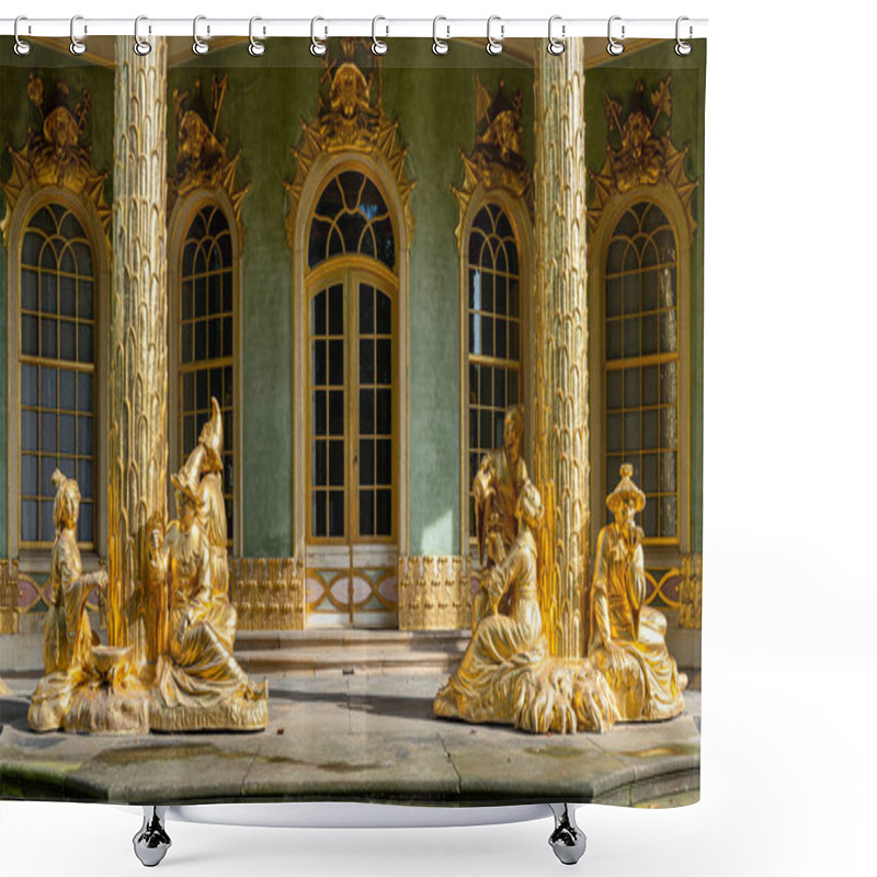 Personality  Gilded Group Of Figures At The Chinese House In Sanssouci Park, Potsdam, Brandenburg, Germany Shower Curtains