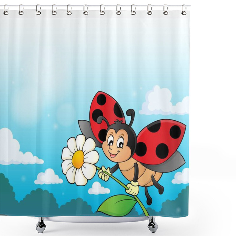 Personality  Ladybug Holding Flower Theme Image 3 Shower Curtains