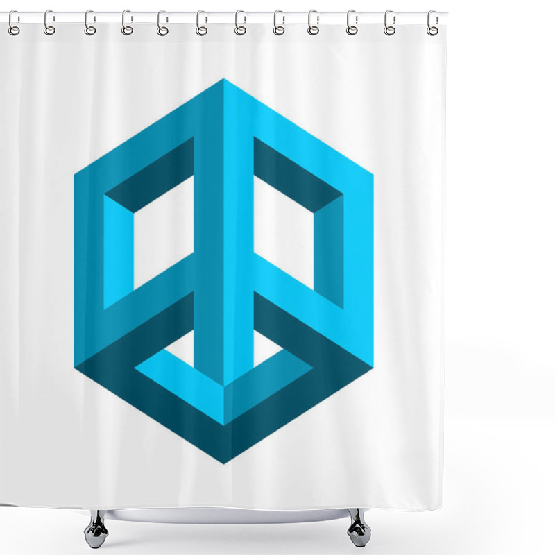 Personality  Impossible Rhombus Figure. 3D Geometric Object. Blue Penrose Esher Shape. Rectangular Peace Like Sign. Square Isometric Object. Visual Trick, Optical Illusion. Op Art. Vector Illustration, Clip Art.  Shower Curtains