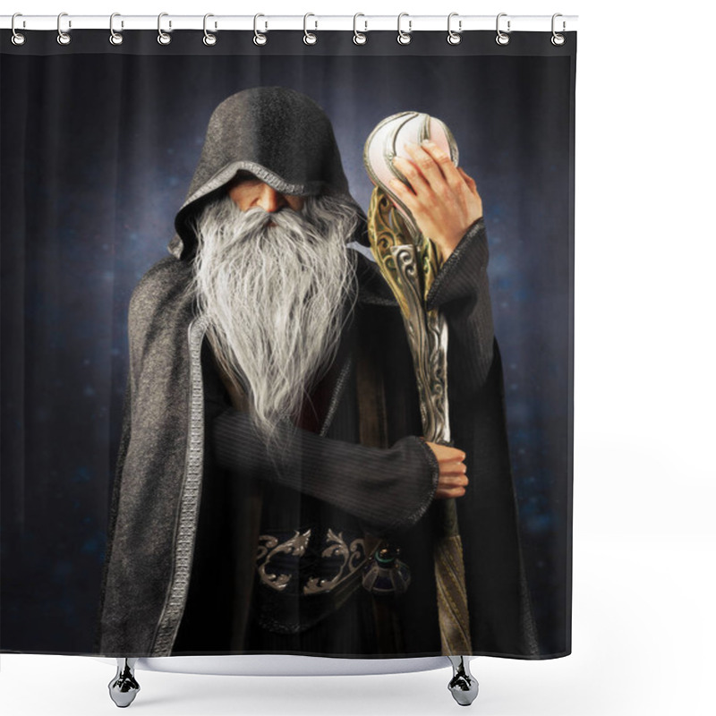 Personality  Evil Warlock Old Hooded Wizard Posing With Staff On A Blue Gradient Background. 3d Rendering Shower Curtains