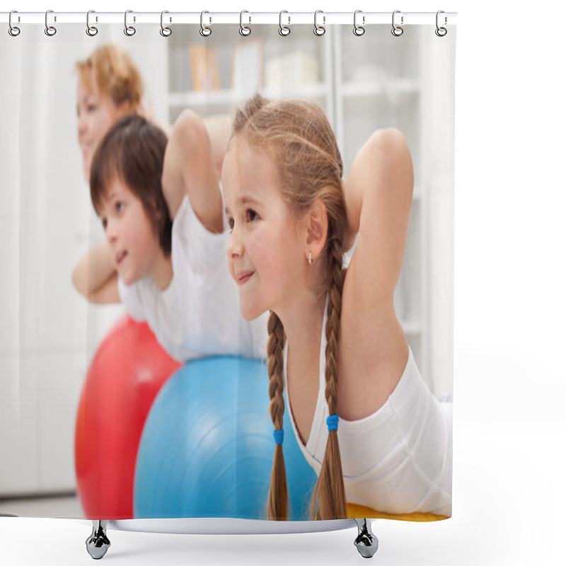 Personality  Kids And Woman Doing Exercises With Balls Shower Curtains